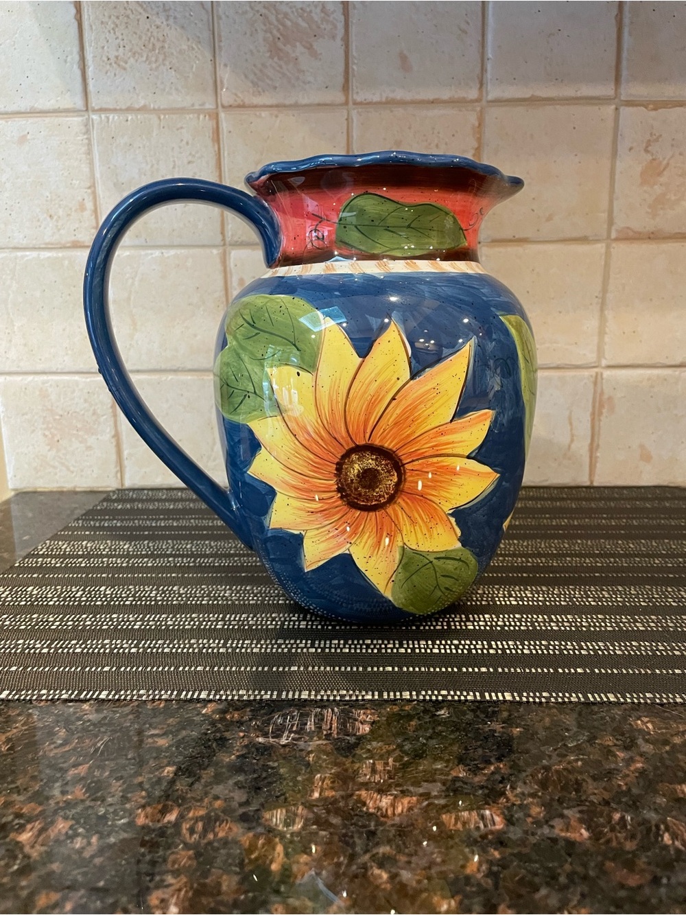 Jay Import Co. Vintage Stoneware Sunflower Pitcher, Cobalt Blue, Large Capacity - Picture 3 of 11